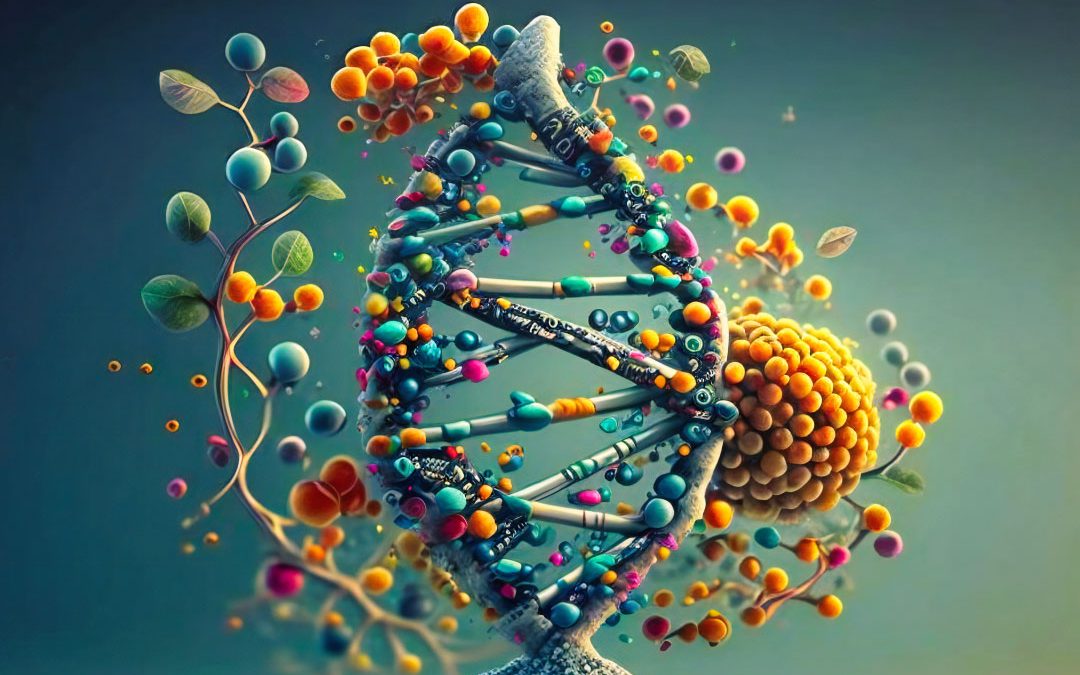 Illustration of DNA double-helix and how epigenetics and environmental factors affect gene expression